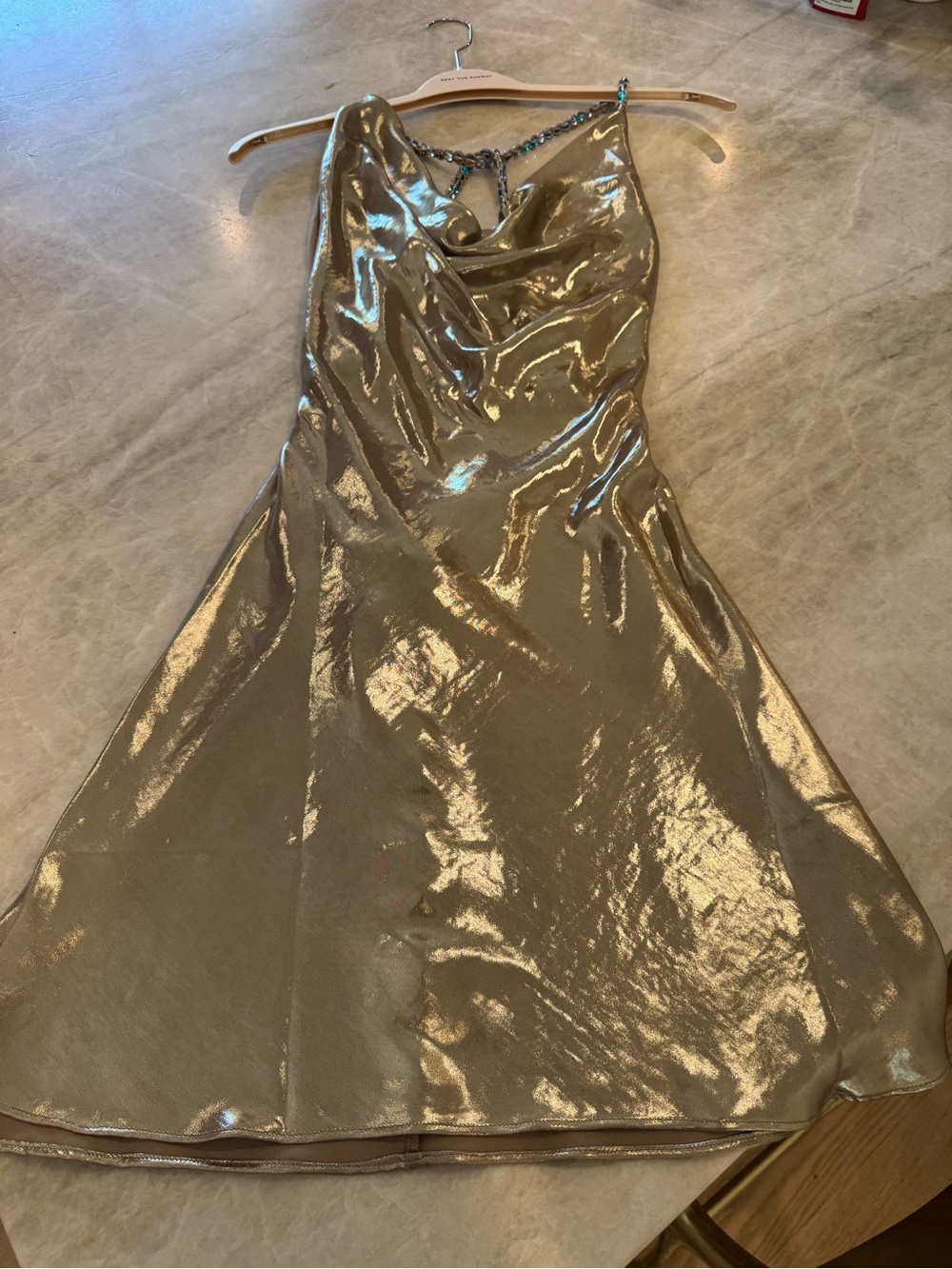 Sequined Chain-Strap Gold Prom Dress